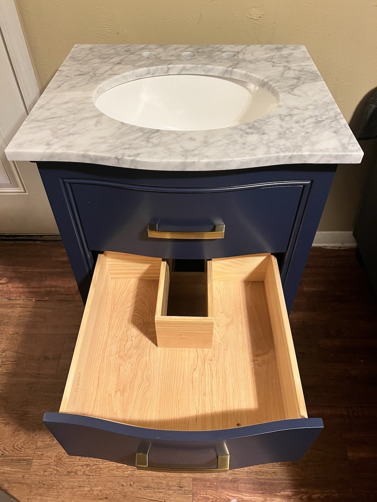 Blue Bathroom Vanity Marble Top Integrated Sink 3 Drawers Gold Metal Handles