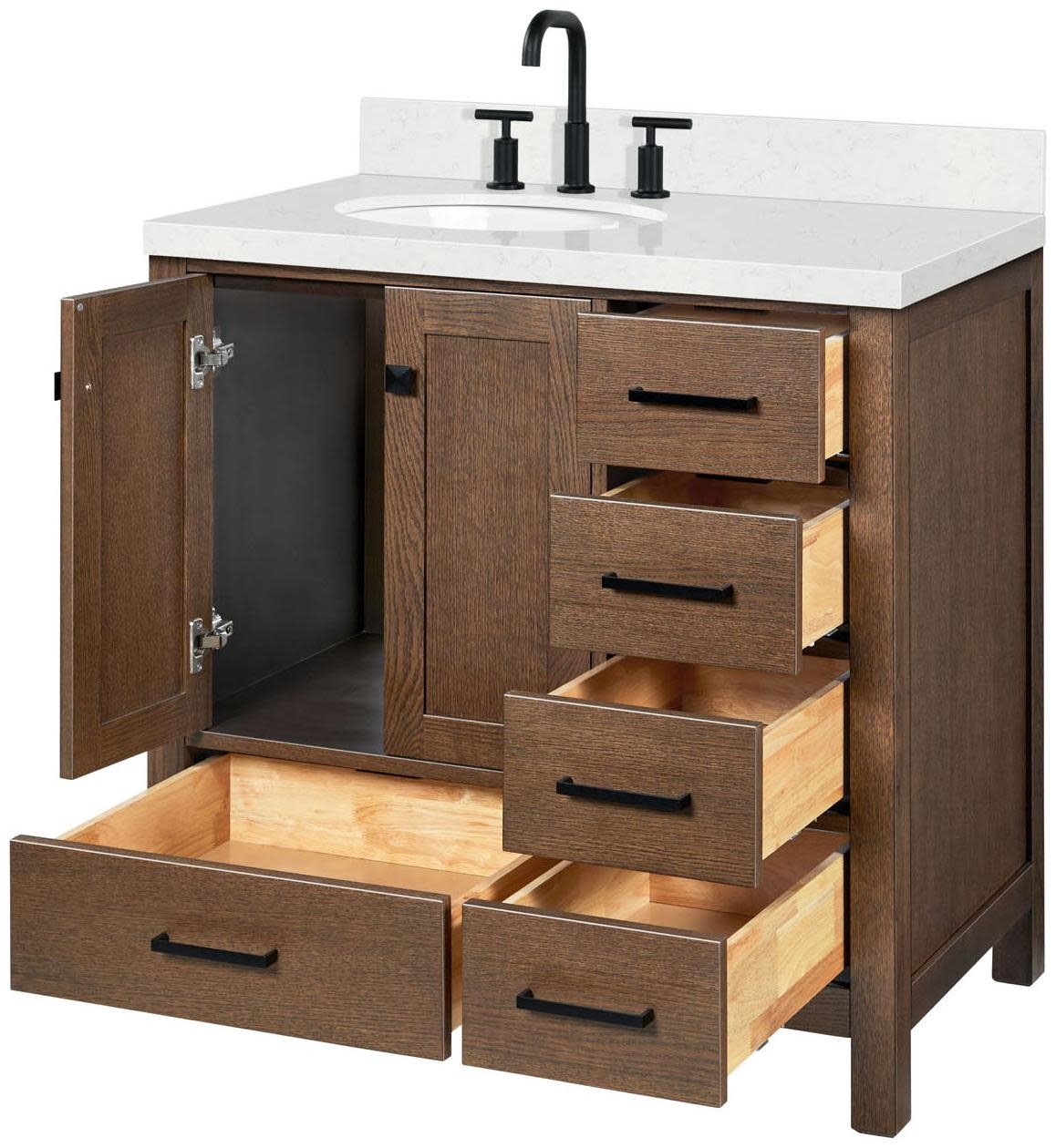 Ariel A036SLCQOVO Cambridge 36″ – Brown Oak / Carrara White Quartz / Satin Brass