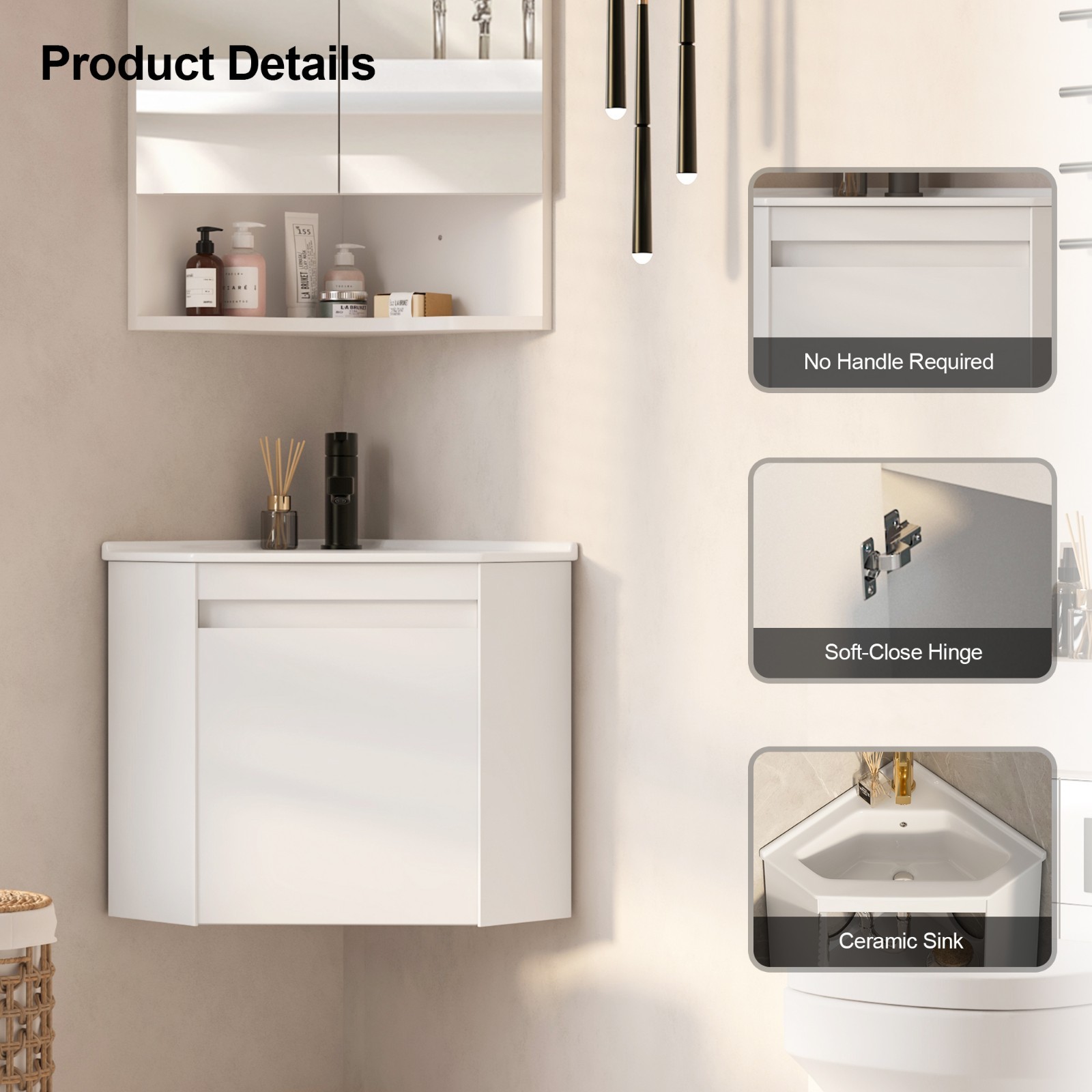 Corner Bathroom Vanity Sink Wall Mounted Combo for Small Space White Ceramic Top