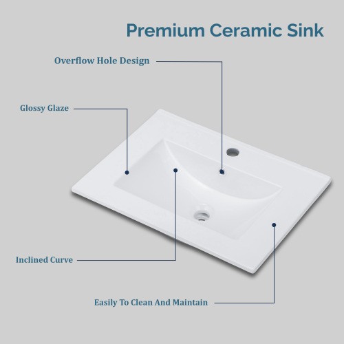 24″ Bathroom Fluted Vanity Cabinet with Sink with Ceramic Basin Bath Organizer