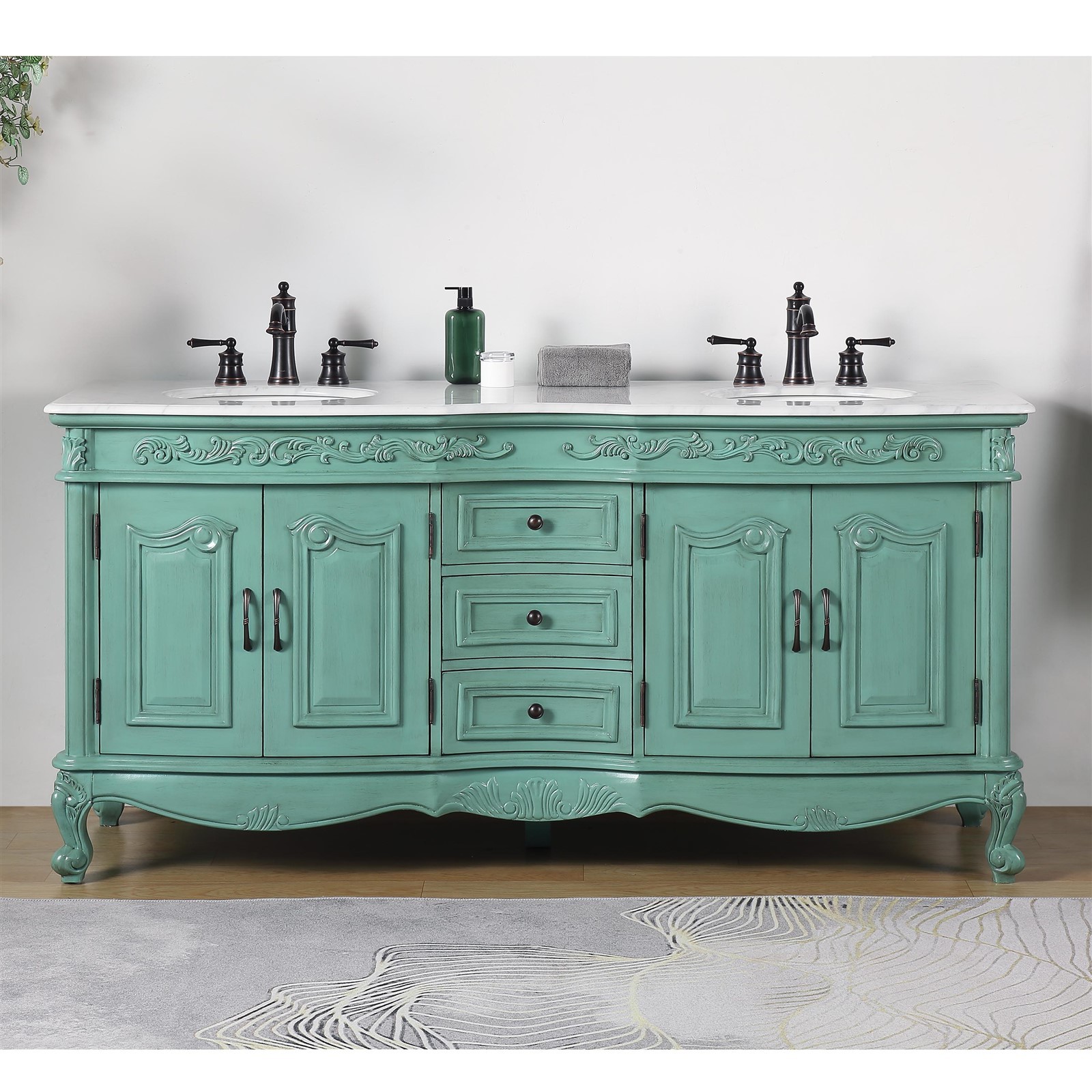 72″ Double Sink Vanity Carrara White Marble Top Bathroom Vintage Green Cabinet
