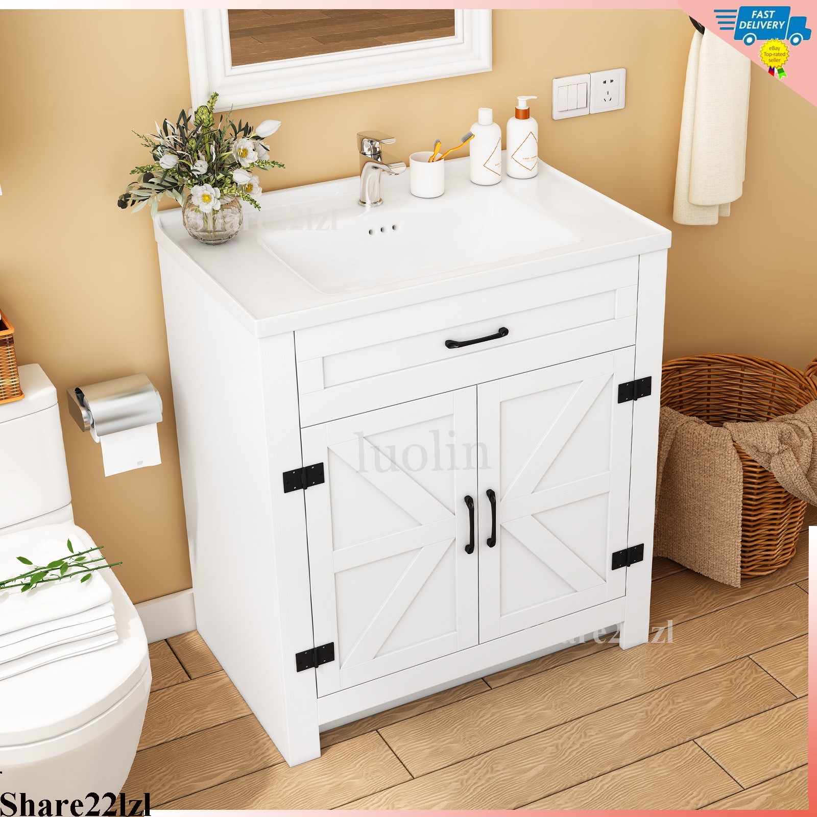 31″ Ceramic Sink Storage Bathroom Vanity with 2 Doors Bathroom Cabinet Space