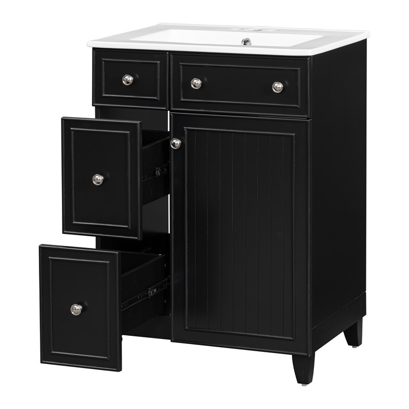 24″ Black Bathroom Vanity Cabinet with Ceramic Sink,2 Drawers,1 Soft-Close Door