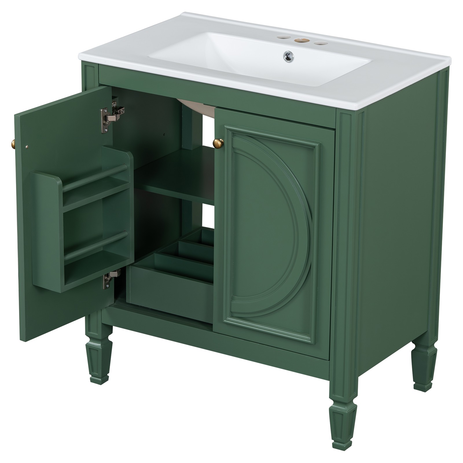 30″ Bathroom Vanity with Ceramic Sink, Two Doors & Drawer, Green