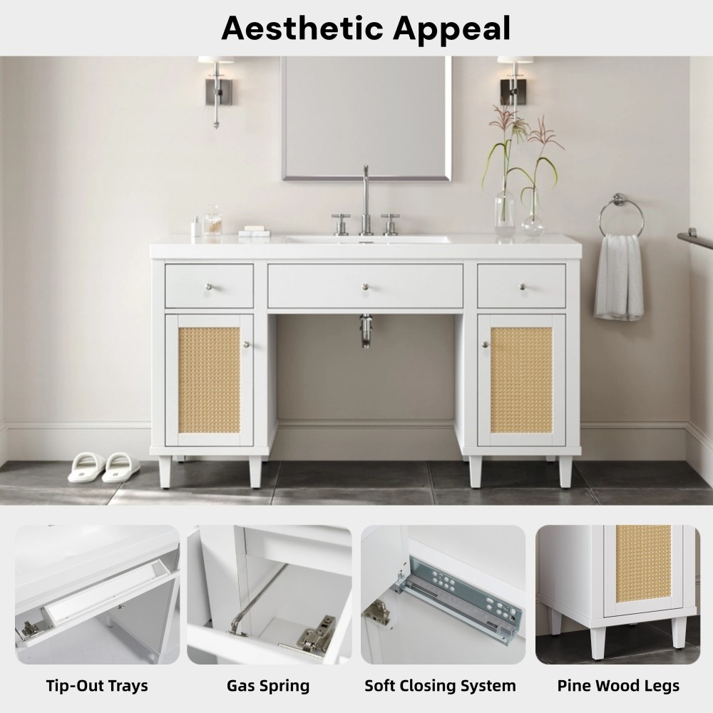 60 Inch Bathroom Vanity with SMC Sink, Modern Spacious Bathroom Storage Cabinet