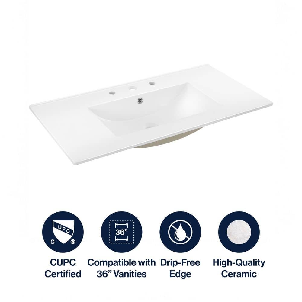 JONATHAN Y 36″ W x 18.25″ D Classic Rectangular Ceramic Sink Vanity Top White