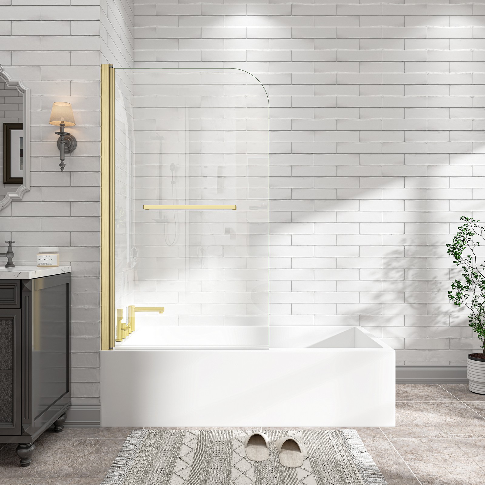 Frameless Shower Door 180 Pivot Brushed Gold Tempered Glass 31-32″ x 55″