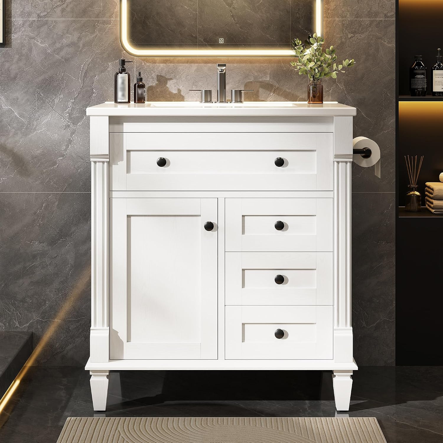 30 Inch Bathroom Vanity with Sink, Towel Holder & Adjustable Solid Wood Legs for