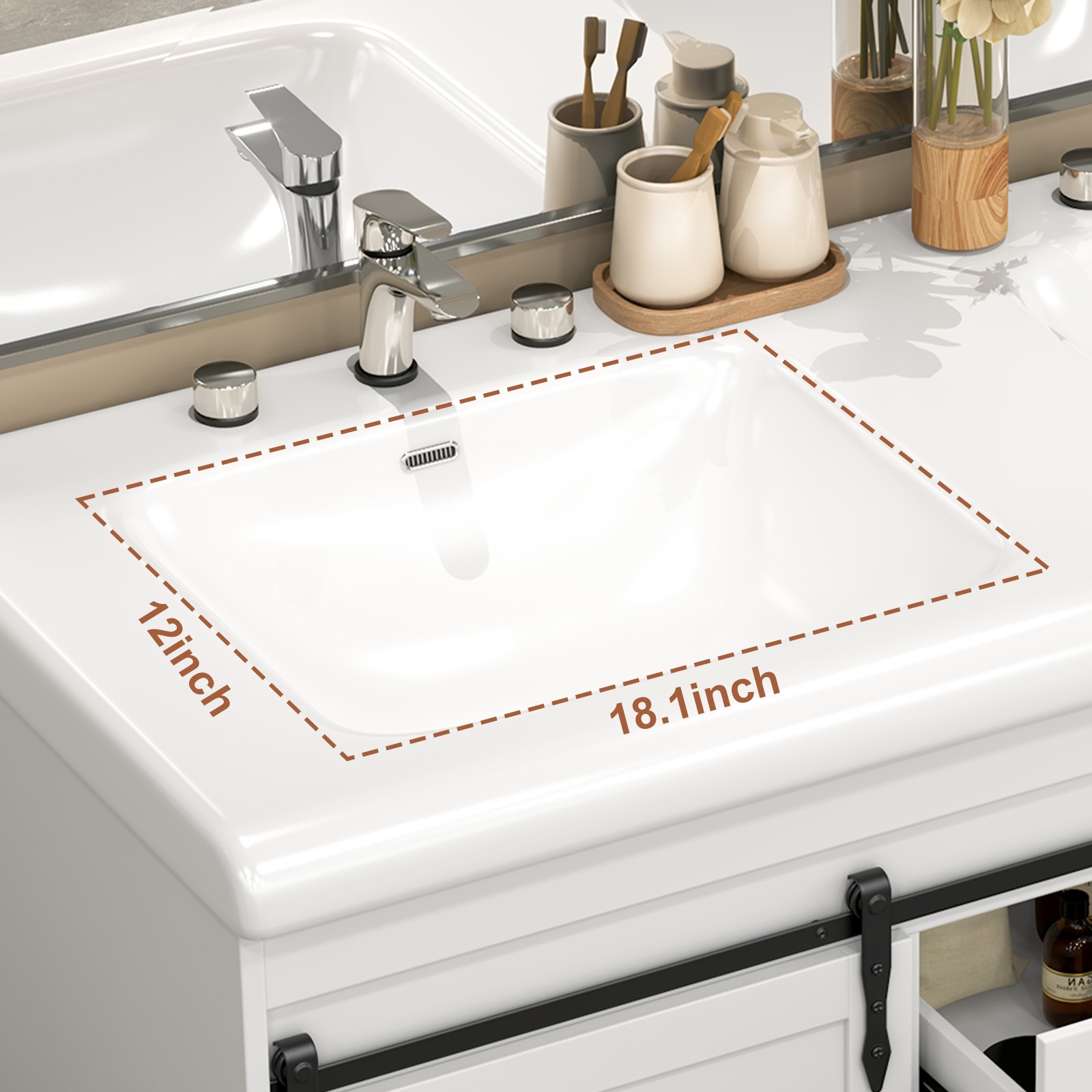 47 inch Bathroom Vanity Cabinet Double Ceramic Sink w/ Sliding Doors + Drawers