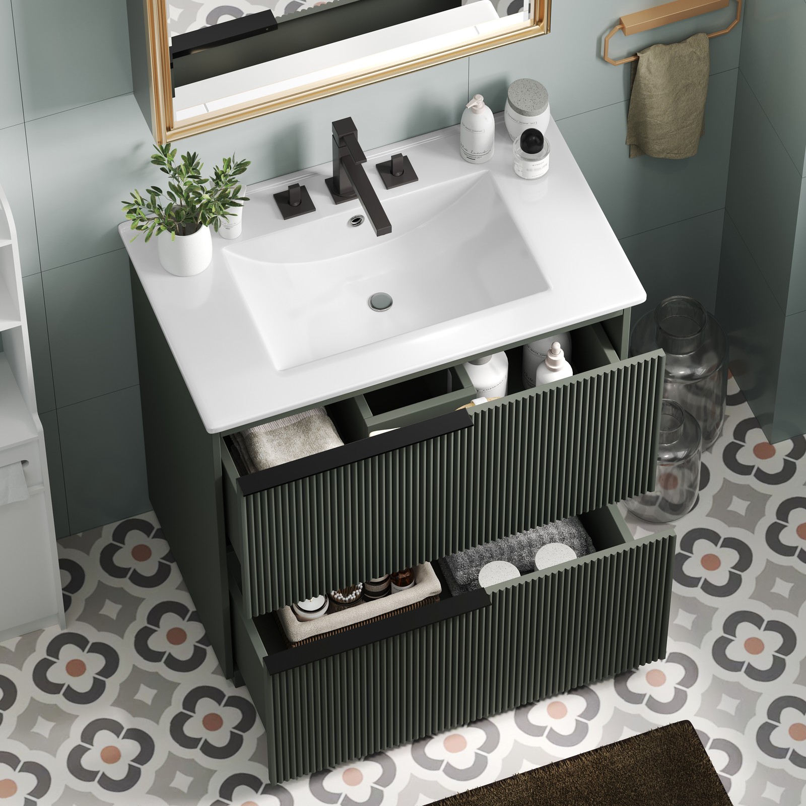 30″ Green Fluted Bathroom Vanity with Ceramic Sink & Soft Close