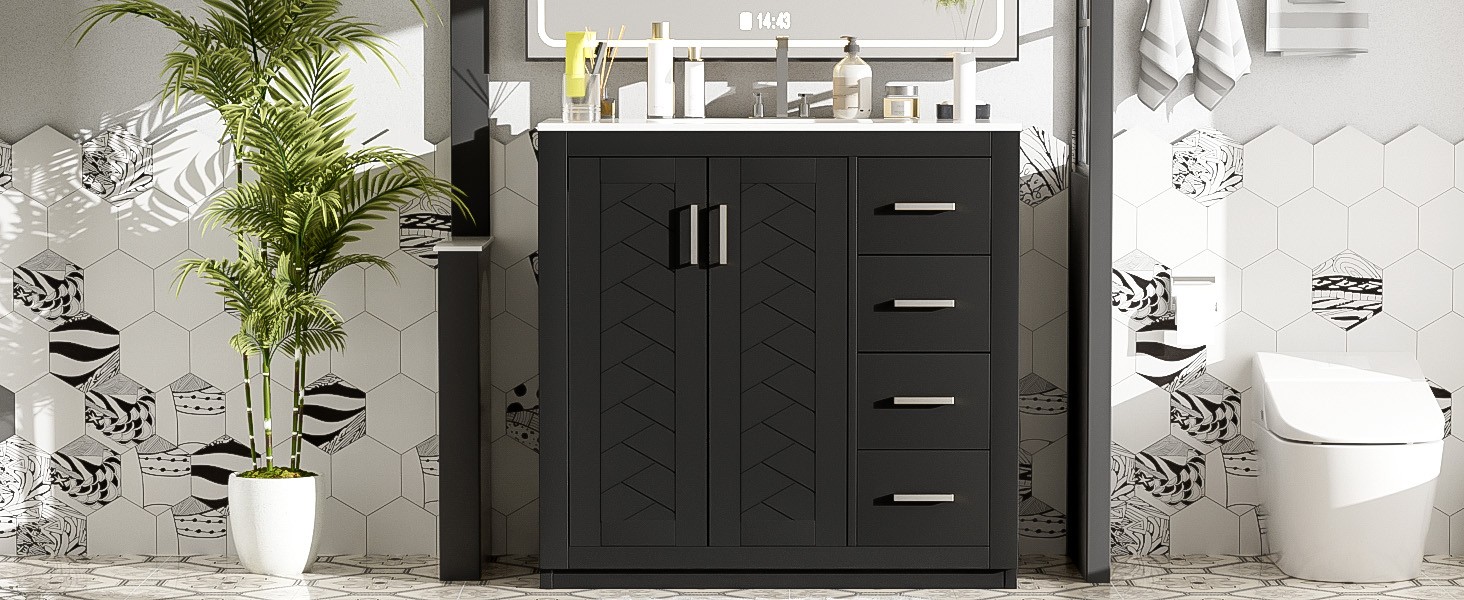 36″ Bathroom Vanity with Ceramic Sink, Solid Wood Frame, 3 Drawers, Black
