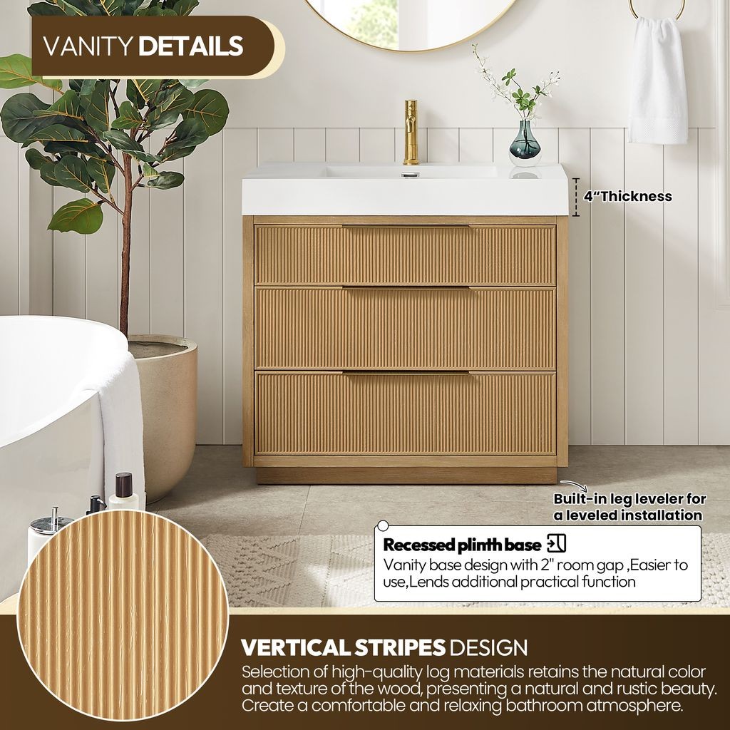 Hohhot 36″ Single Bath Vanity in Washed Ash Grey with White Stone Top
