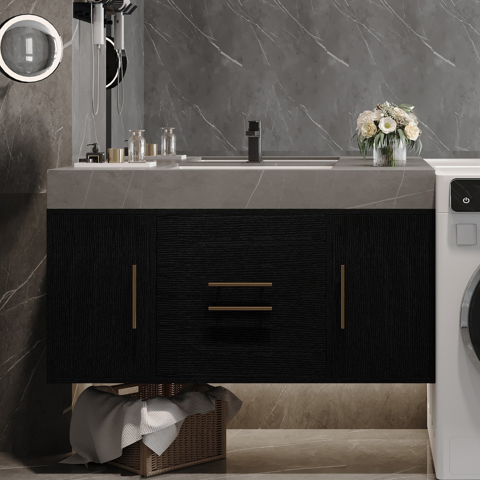 Floating Bathroom Vanity w/Faux Marble Top,Ceramic Sink, Wood Storage Cabinets