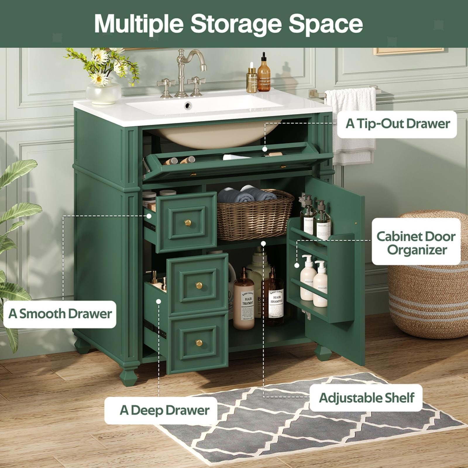 French Bathroom Vanity with Ceramic Basin, Adjustable Storage, Doors, and
