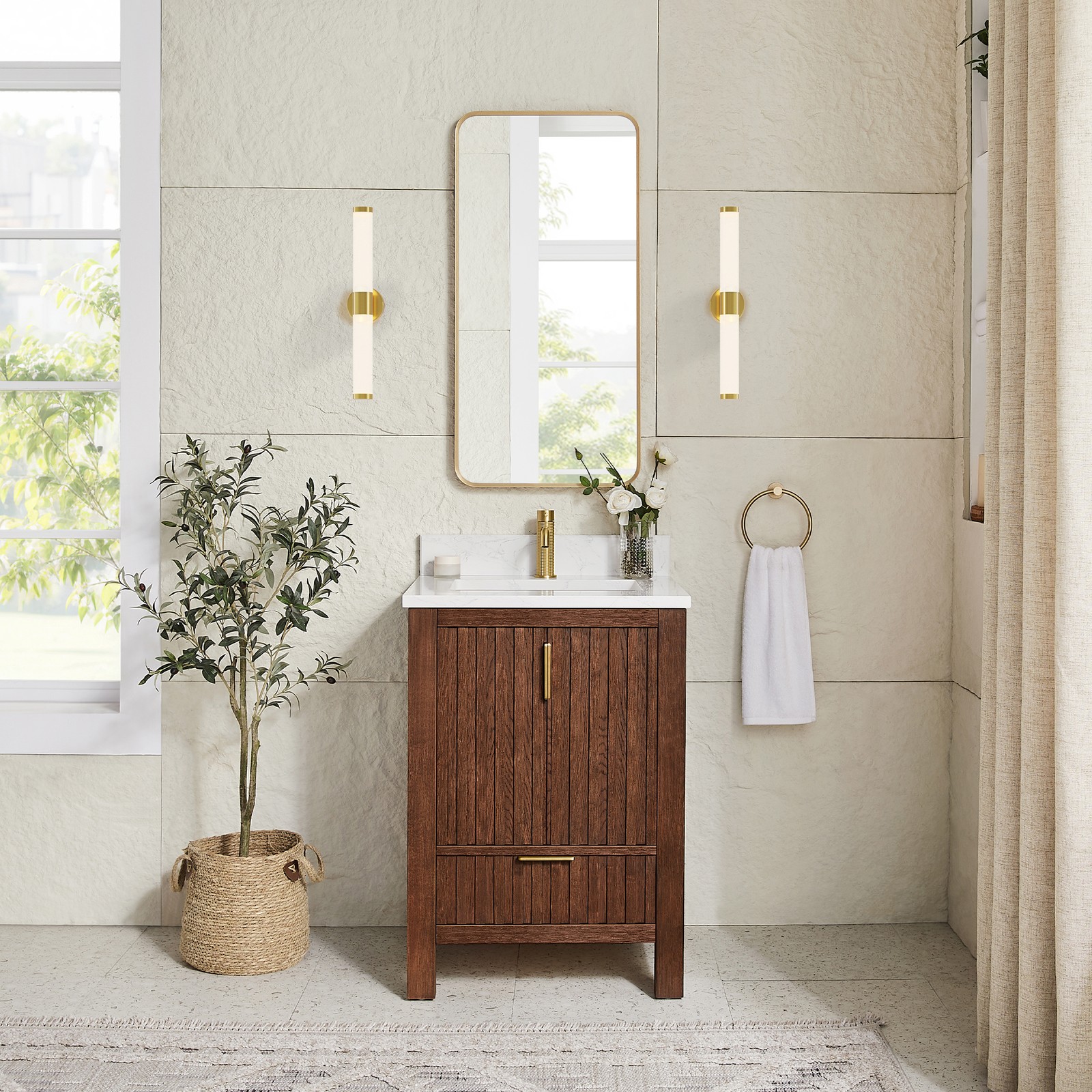 Shenzhen 24″ Single Bath Vanity in Aged Dark Brown Oak with Composite Stone Top