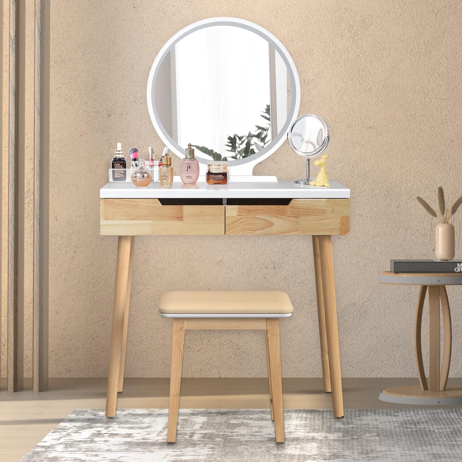 ELECWISH Dressing Table Makeup Vanity Desk LED Mirror Cushioned Stool w/ Drawers