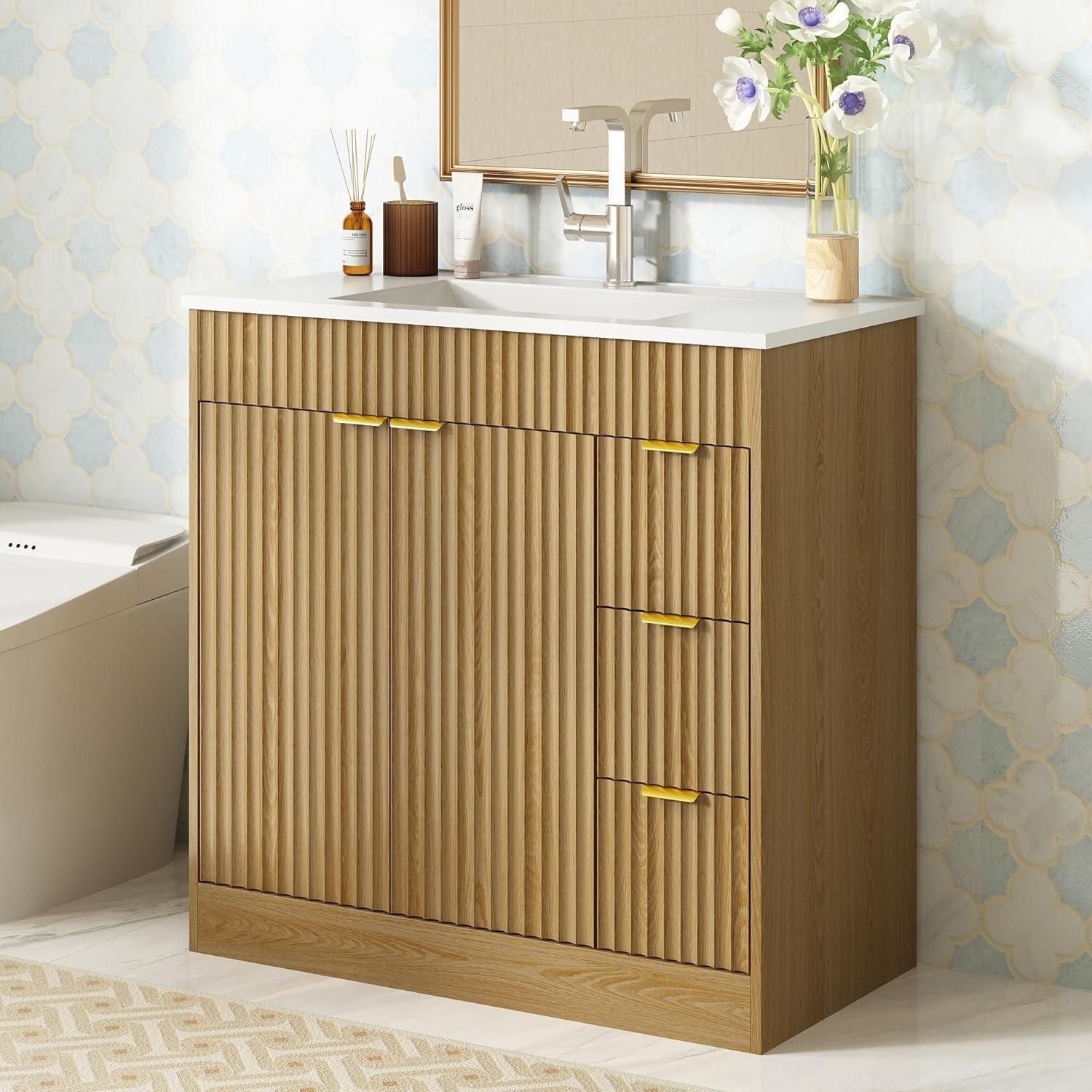 36 Inch Bathroom Vanity with Sink, Modern Fluted Bathroom Vanity with Sink with