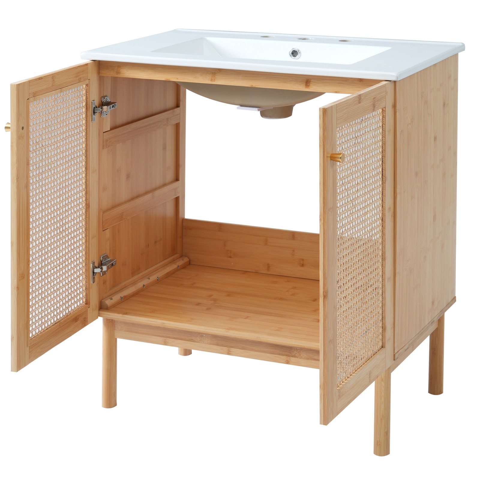 30″ Bathroom Vanity with Rattan Doors, Ceramic Basin, Soft-Close