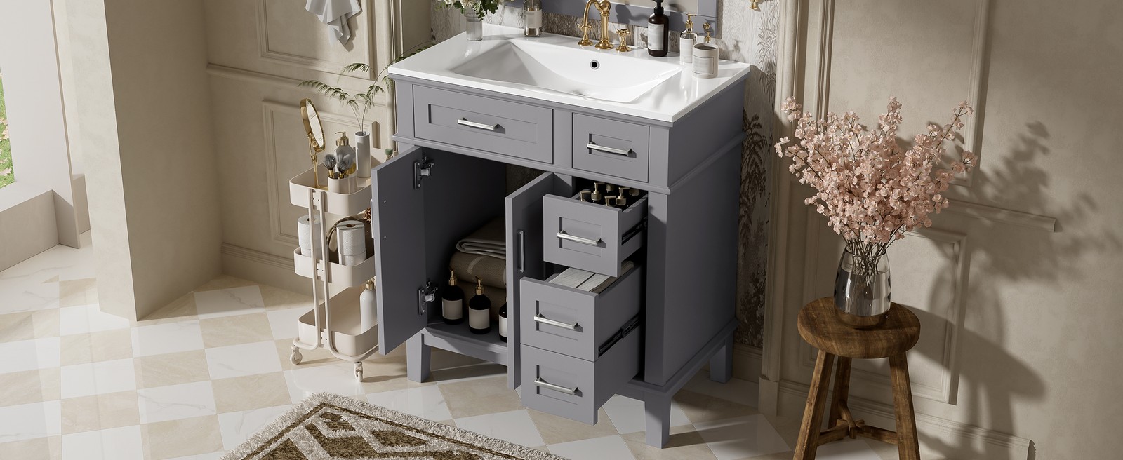 30″ Bathroom Vanity w/Ceramic Sink, Modern Storage Cabinet w/Soft-Close Doors