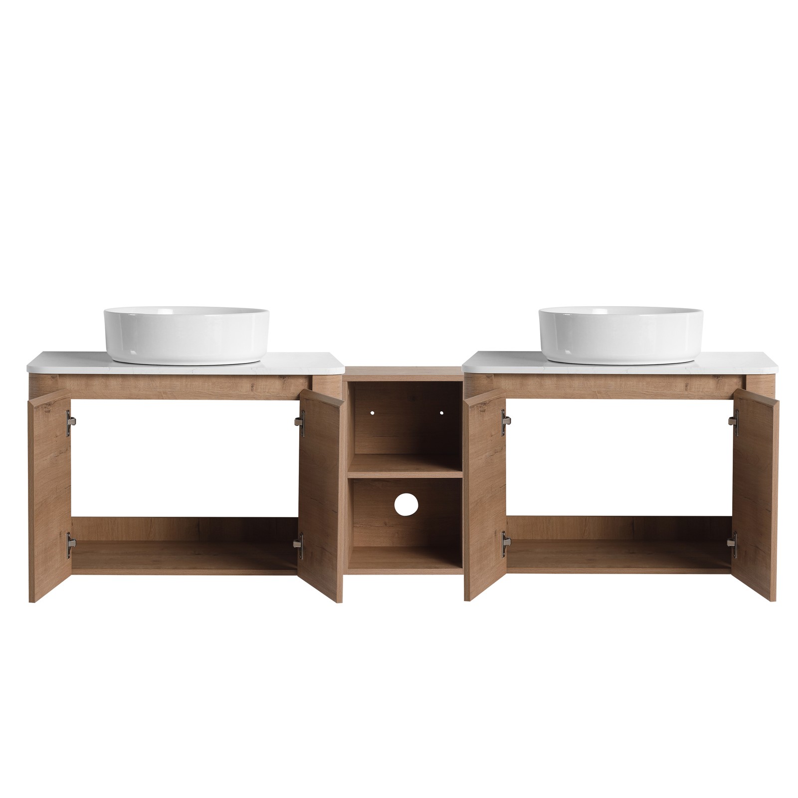72” Wall-Mounted Bathroom Vanity Double Ceramic White Vessel Sink 4 Doors Wood