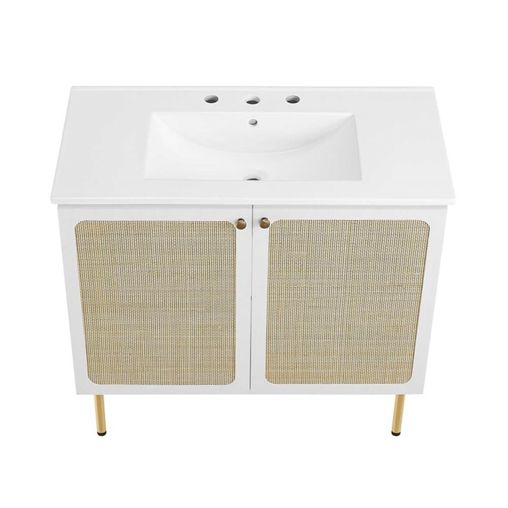 Modway Chaucer 36″ Wood & Rattan Bathroom Vanity with Adjustable Shelf in White