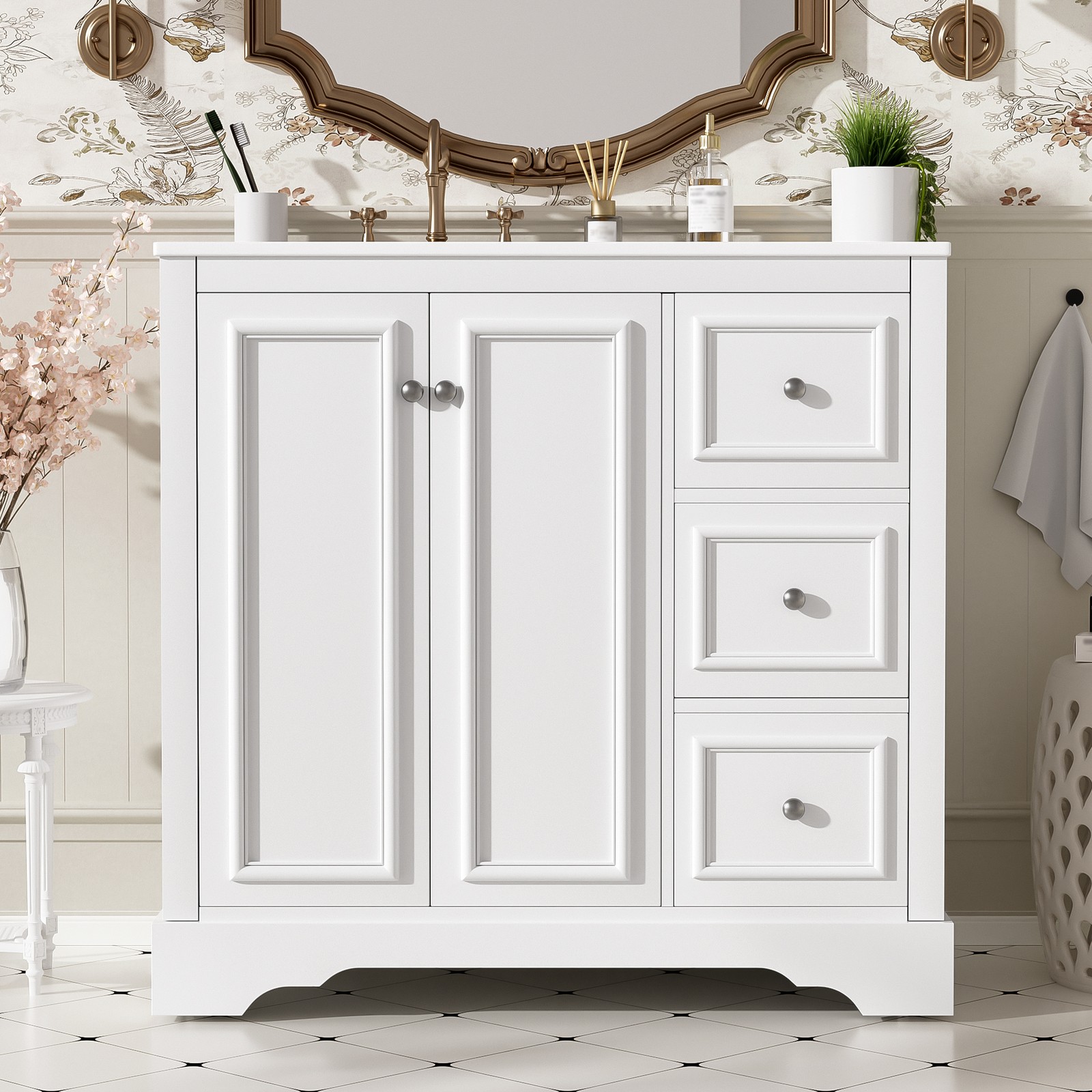 36″ White Transitional Bathroom Vanity with Ceramic Sink