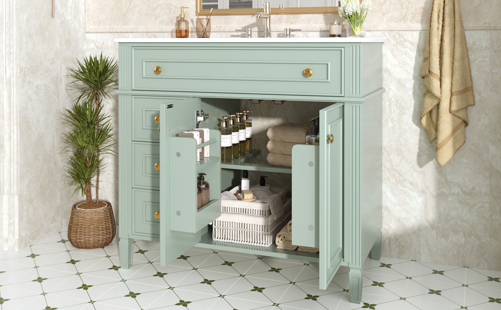 36 Inch Bathroom Vanity with Sink, Green Solid Wood Cabinet, Gold Handles