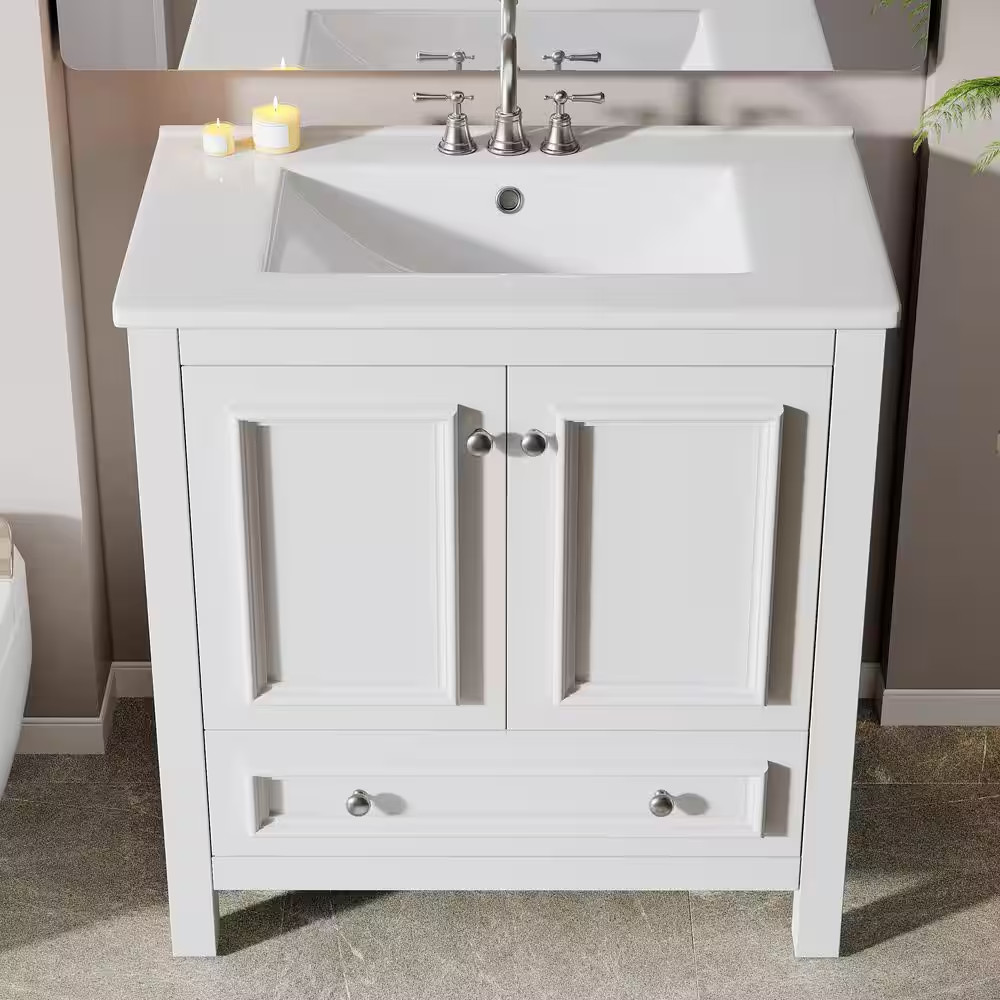30 In. Single Sink Freestanding White Bath Vanity with White Ceramic Top Unassem