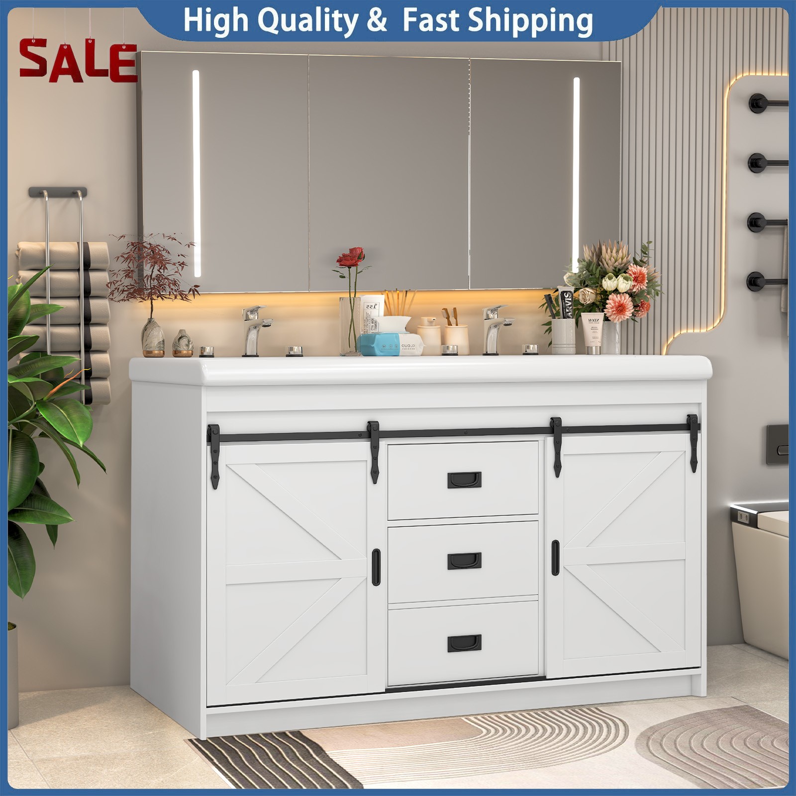 47” Bathroom Vanity with Double Sink Freestanding Bathroom Vanity w/ 2 Drawers