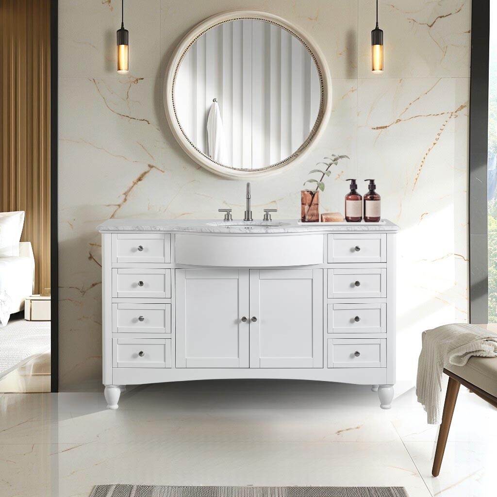 58″ White Curved Front Single Bathroom Sink Vanity Single Bowl Stone Top Cabinet