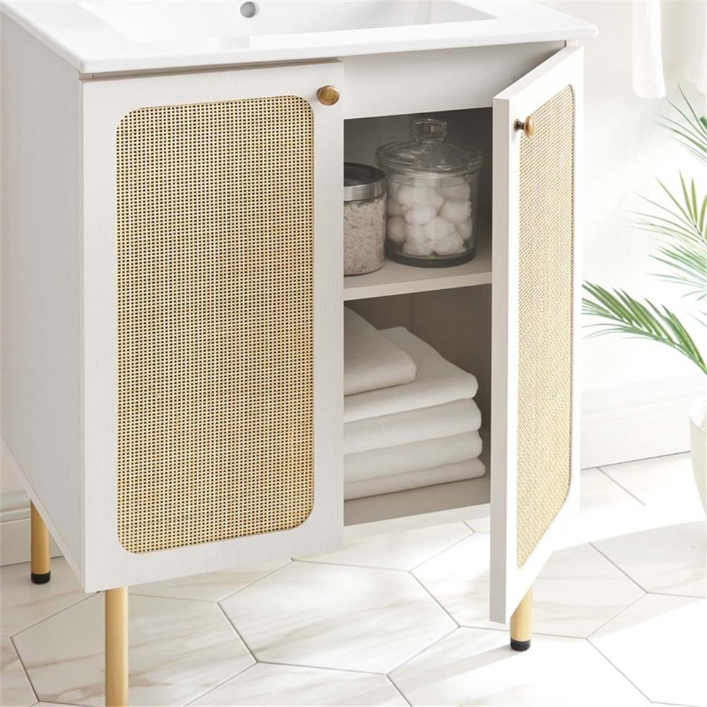 Modway Chaucer 24″ Wood & Rattan Bathroom Vanity with Adjustable Shelf in White