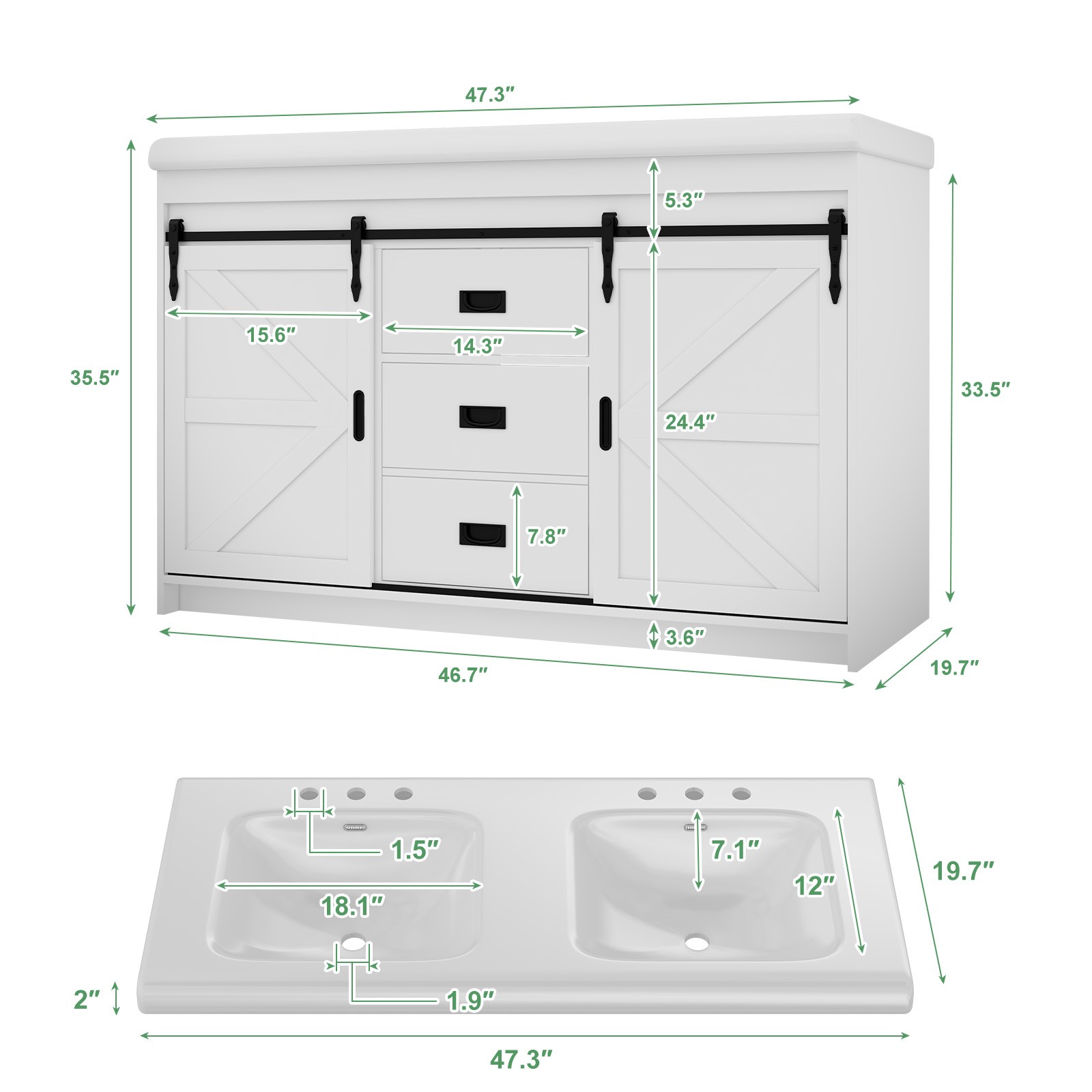 47 inch Bathroom Vanity Cabinet Double Ceramic Sink w/ Sliding Doors + Drawers