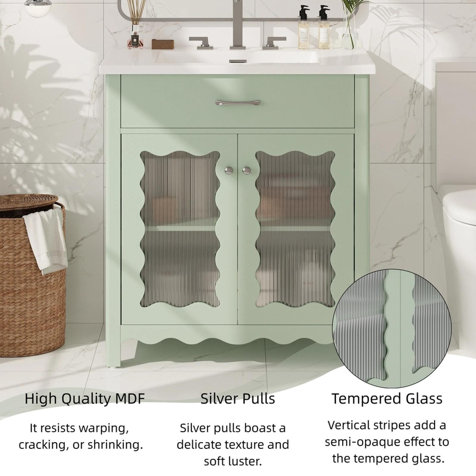 Green MDF Bathroom Vanity with Ceramic Sink Tempered Glass Cabinet Adjustable
