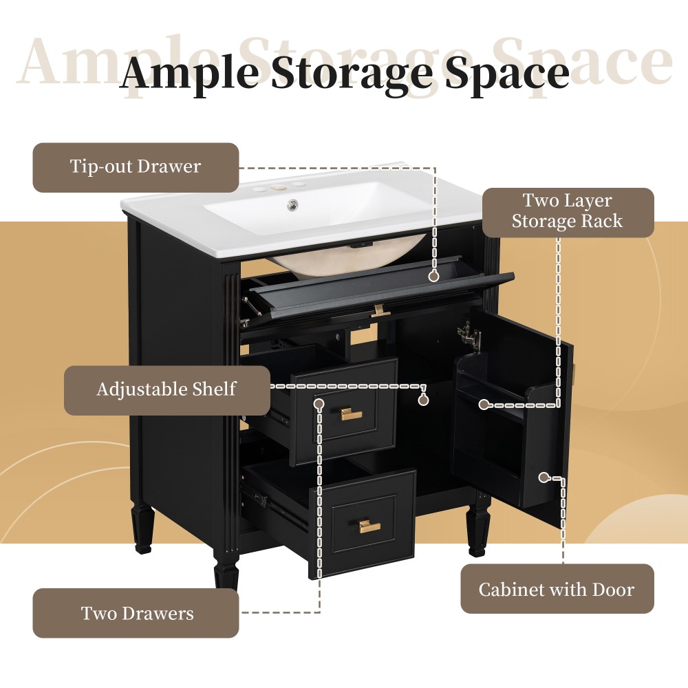 30″ Bathroom Vanity with Sink, Bathroom Vanity Cabinet with One Flip Drawer