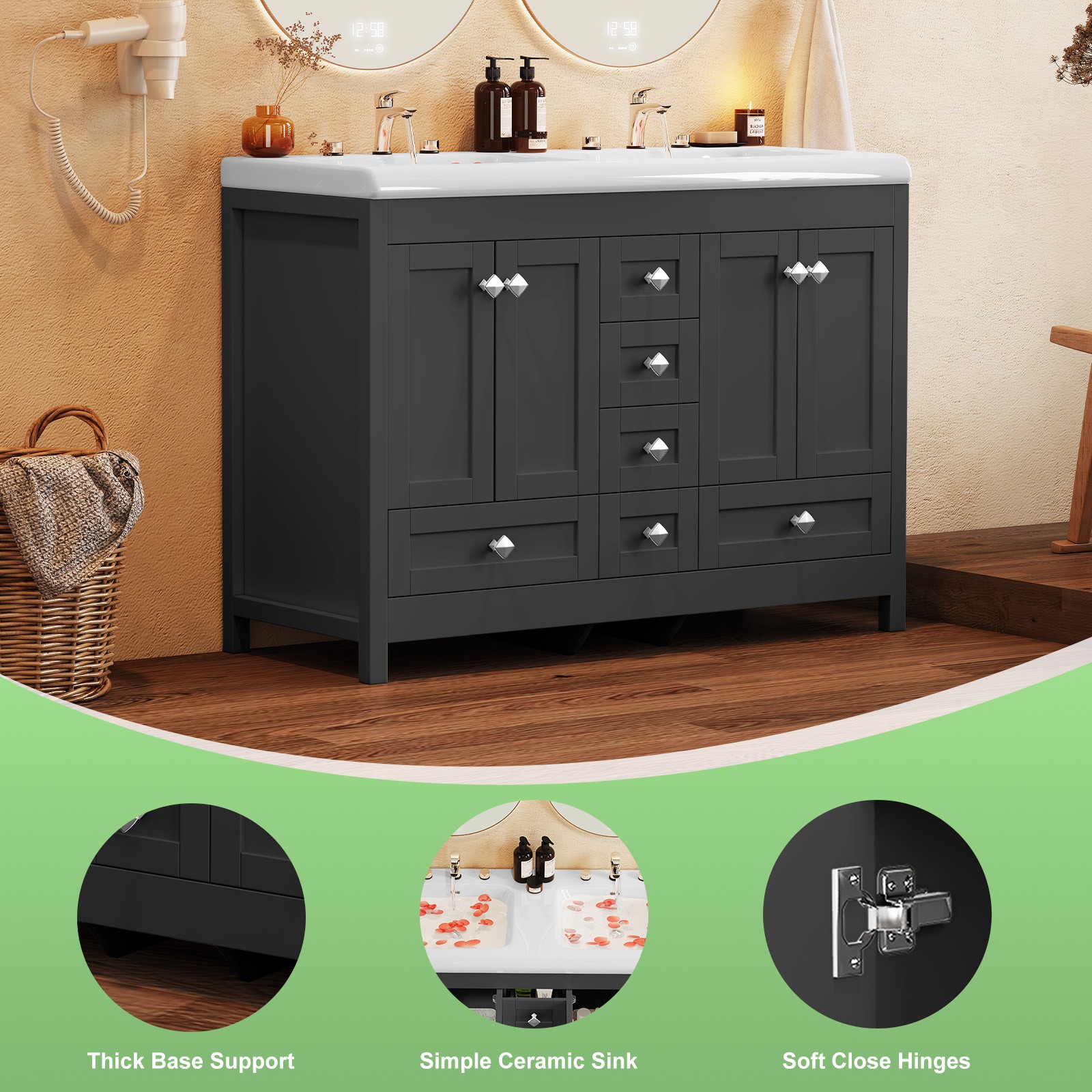 47″ Freestanding Vanity Bathroom Cabinet with Double Ceramic Sink & 6 Drawers