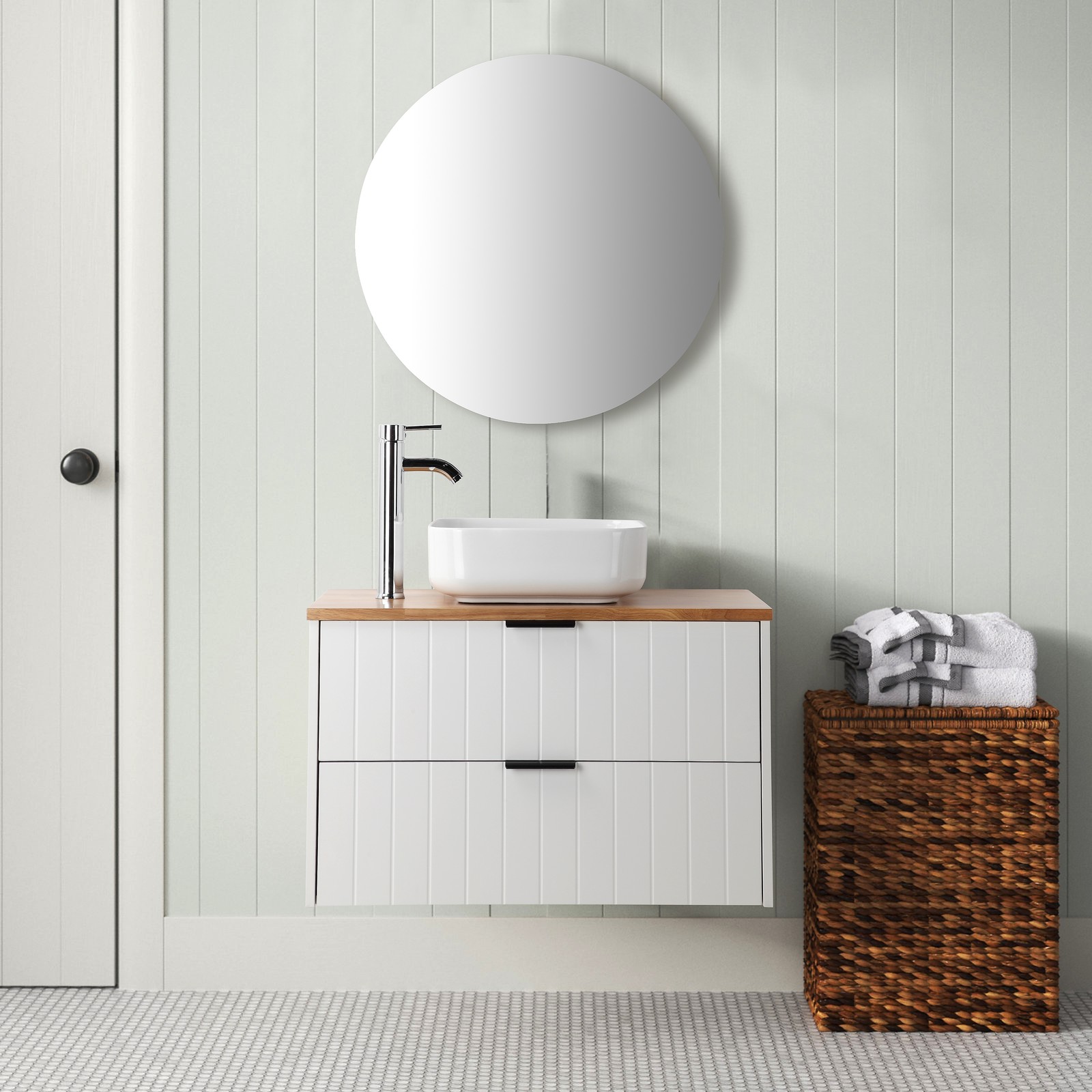 32 Inch Double Drawer Wall Mount Bathroom Vanity White Cabinet Solid Wood Top
