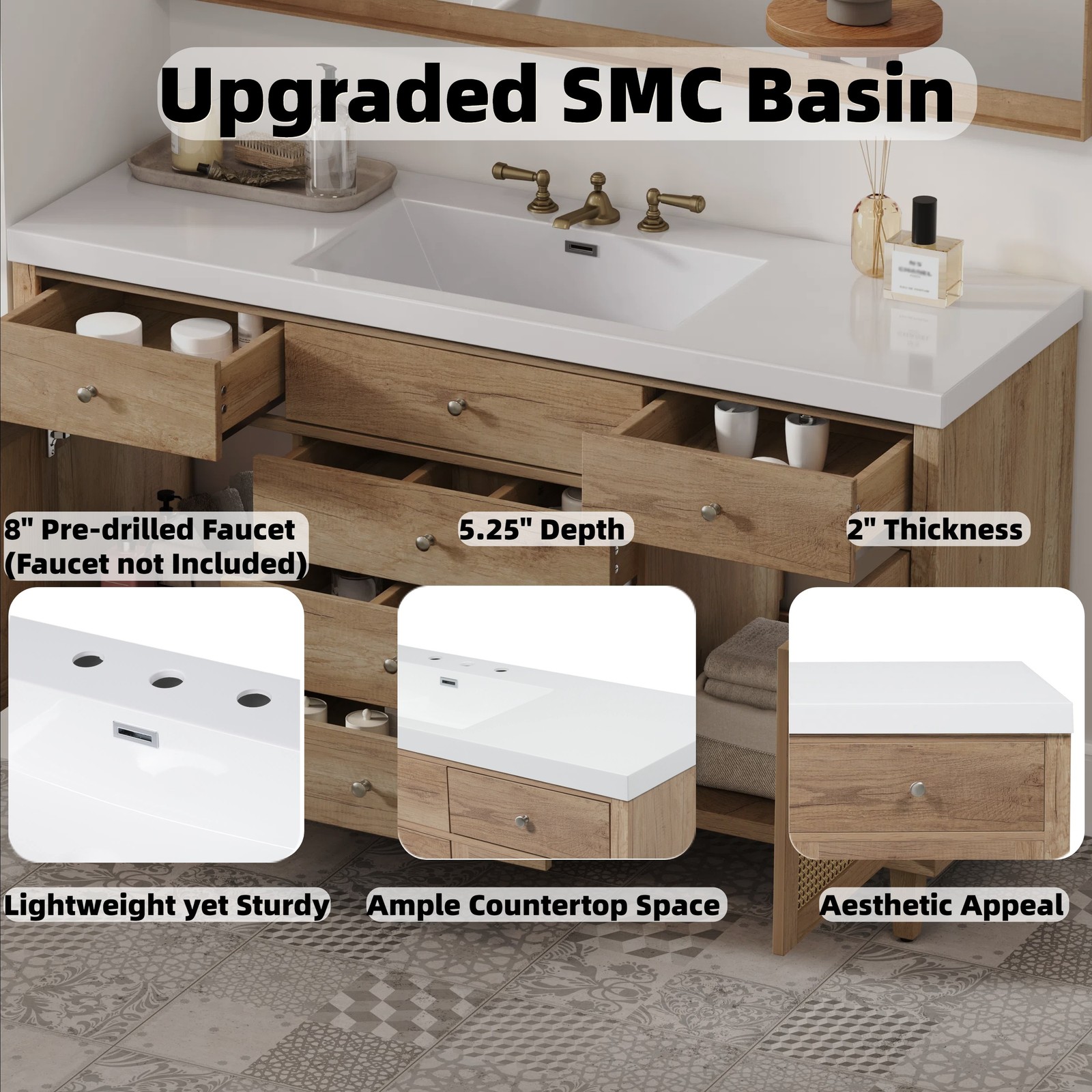 60″ Wooden Bathroom Vanity Cabinet with SMC Sink Storage Drawers Rattan Doors