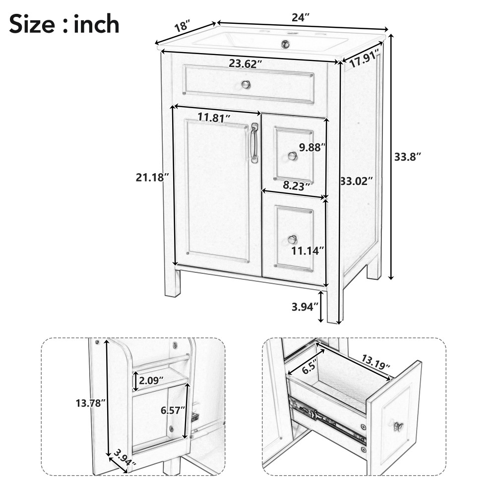 Bathroom Vanity W Ceramic Sink 1 Soft Close Door 2 Soft Close Drawers