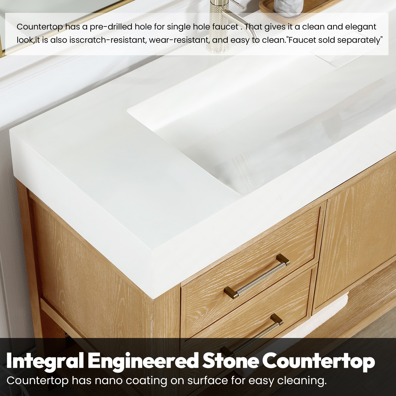 Vera 60″ Single Bath Vanity in Washed Ash Grey with White Integrated Stone Sink