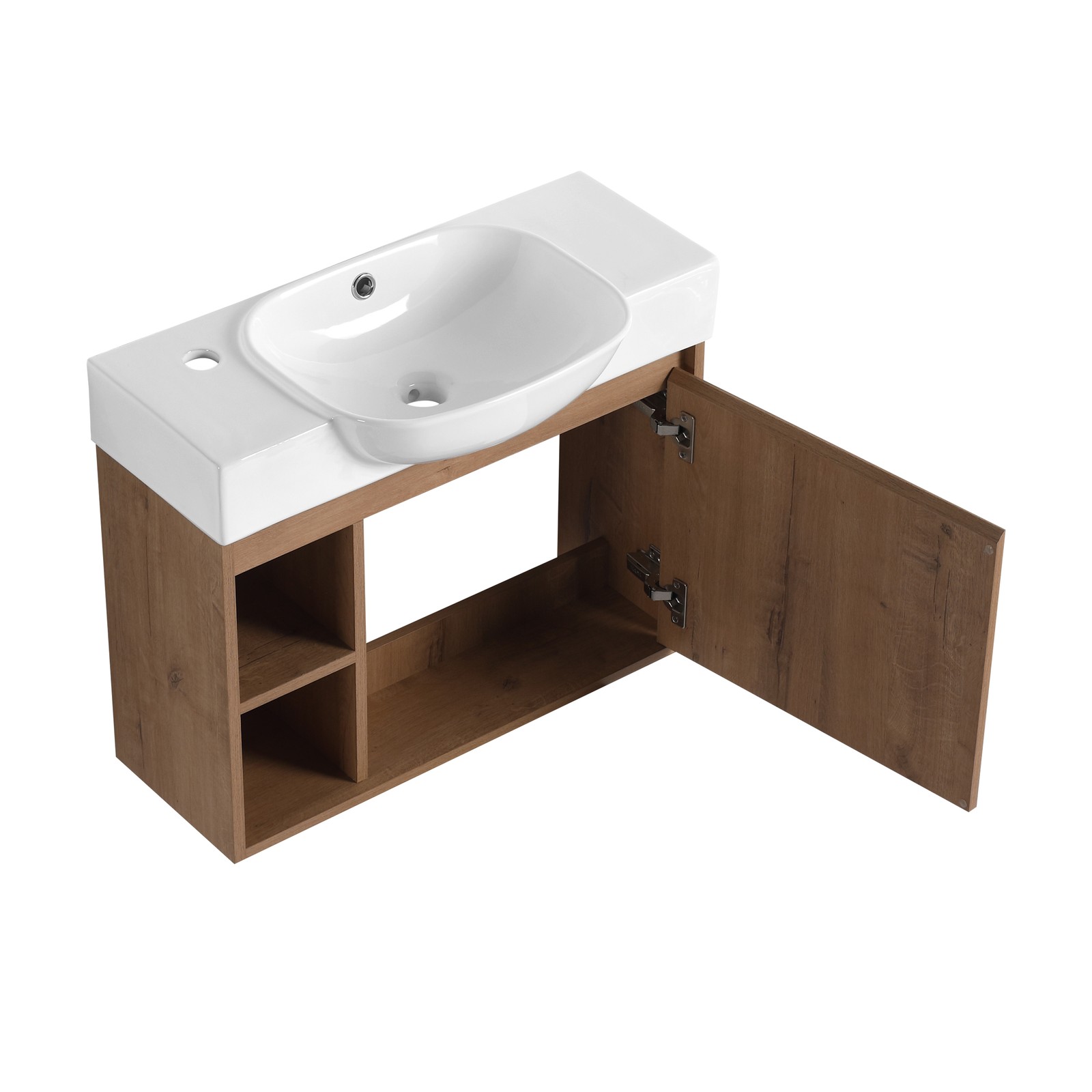 26in Plywood Freestanding Bathroom Vanity W/ Ceramic Sink Basin Door Shelf Oak