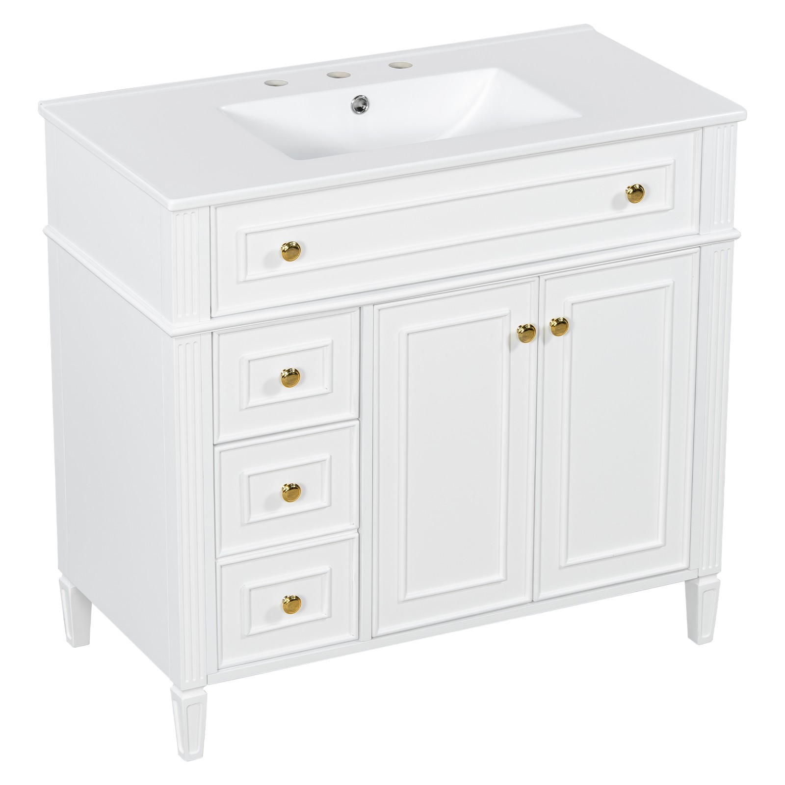 36″ Bathroom Vanity with Sink, White Solid Wood Cabinet, Gold Handles