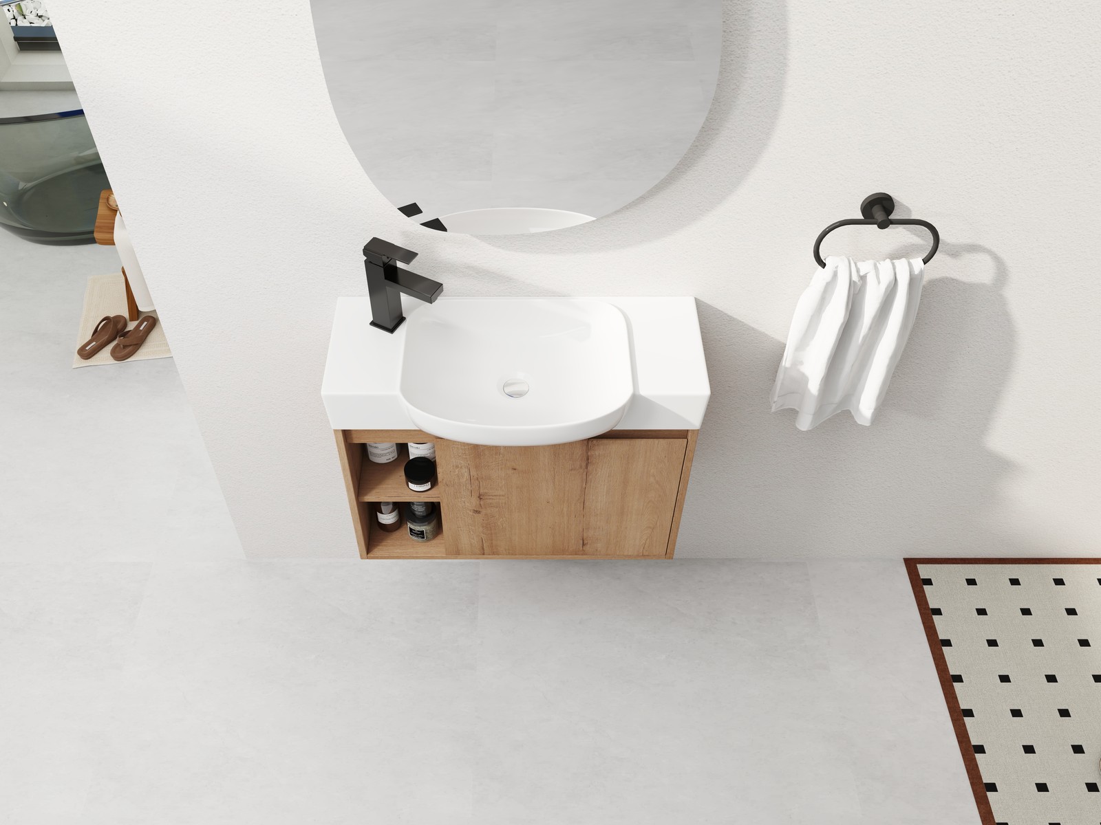 26in Plywood Freestanding Bathroom Vanity W/ Ceramic Sink Basin Door Shelf Oak