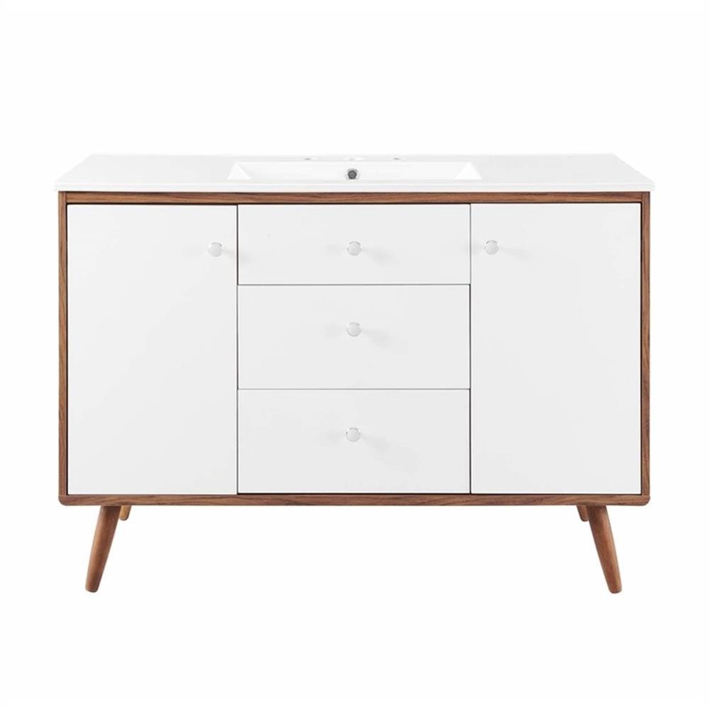 Pemberly Row 47″ Modern Wood Single Sink Bathroom Vanity in Walnut/White