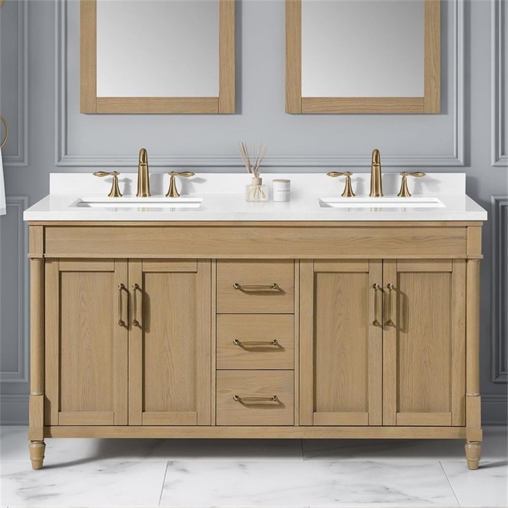 Pemberly Row 60″ Natural Birch Bathroom Vanity with White Countertop