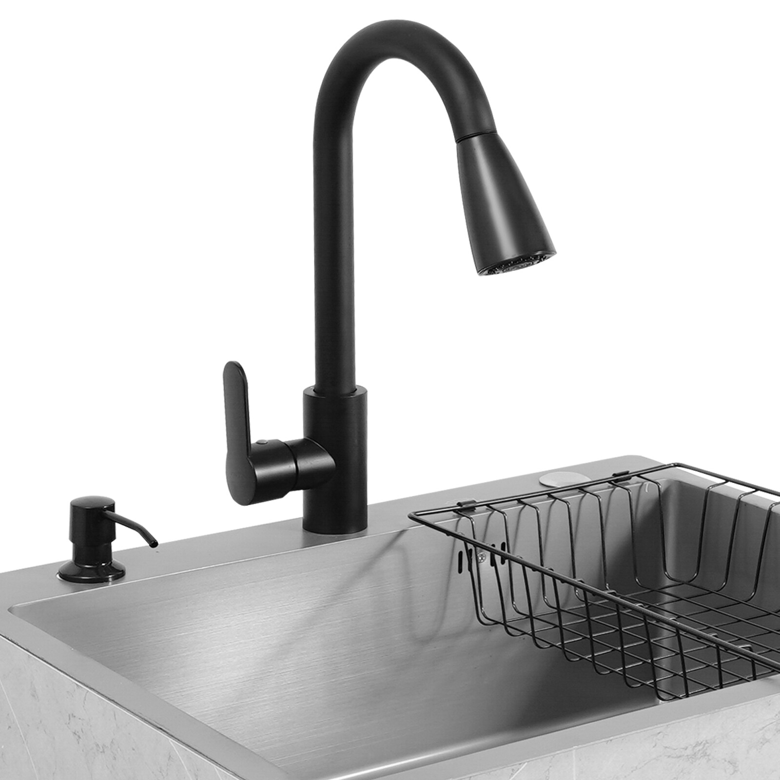 Grey Stainless Steel Sink & Freestanding Cabinet With Pull-Out Faucet