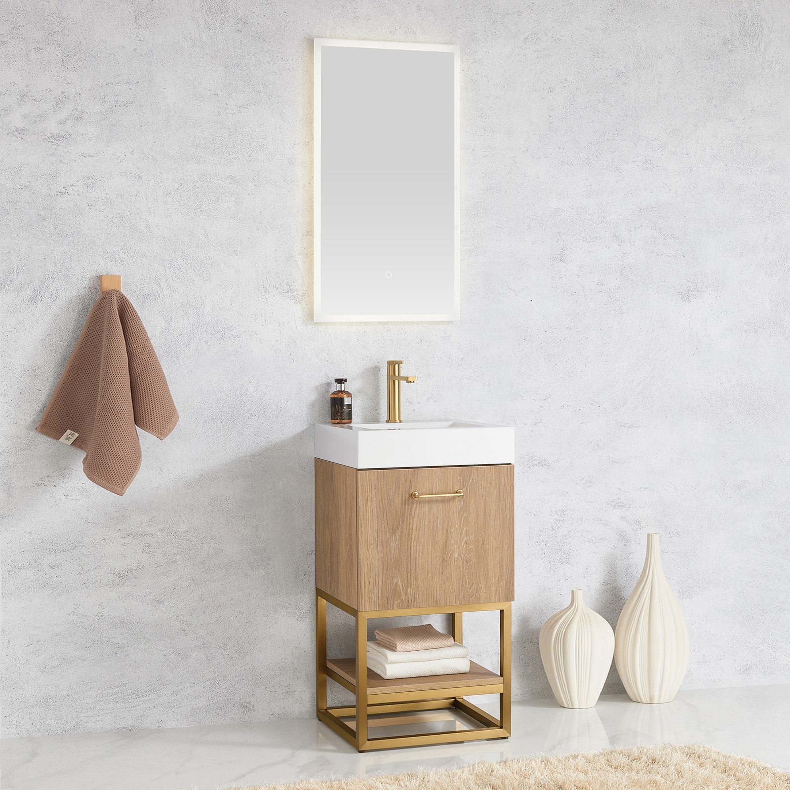 Vinnova Alistair 18″ White Stone Top Single Vanity in Oak without Mirror