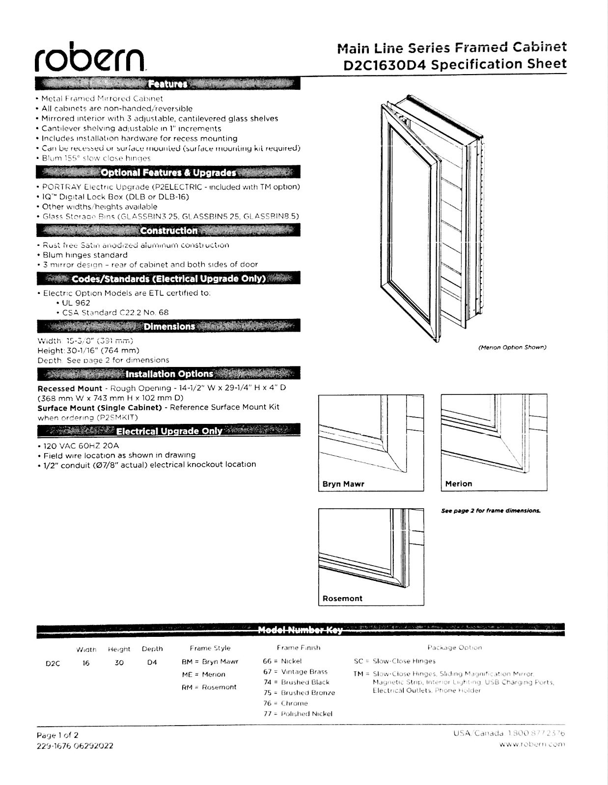 Robern D2C1630D4RM76SC – Main Line Mirrored Cabinet – 16″ x 30″ x 4″ – Chrome