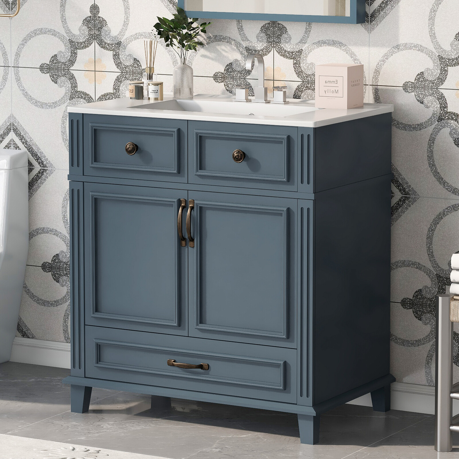 30” Bathroom Vanity with Ceramic Sink,Solid Wood Frame Bathroom Storage Cabinet