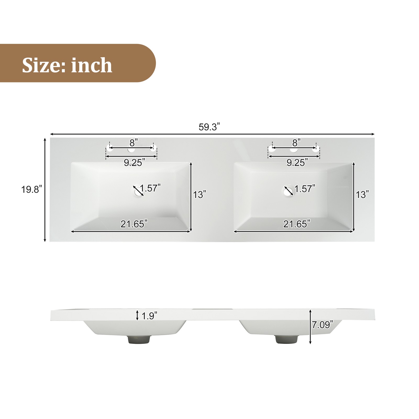59.3″ Wall-Mounted Double Sink Bathroom Vanity with SMC Top, MDF Cabinet Wood