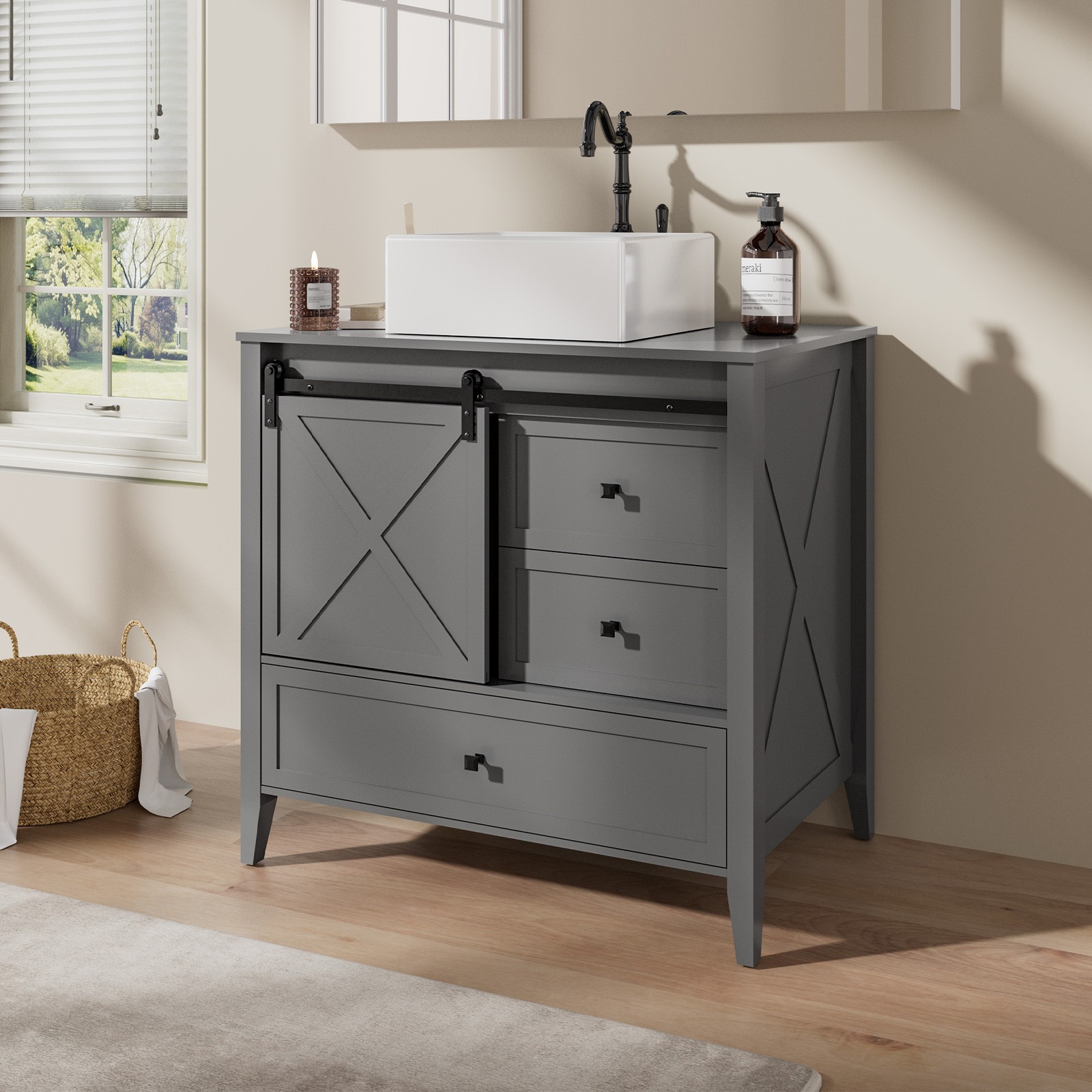 36″ Bathroom Vanity with Sink Small Cabinet Set Ceramic Sink NO Faucet & Drain